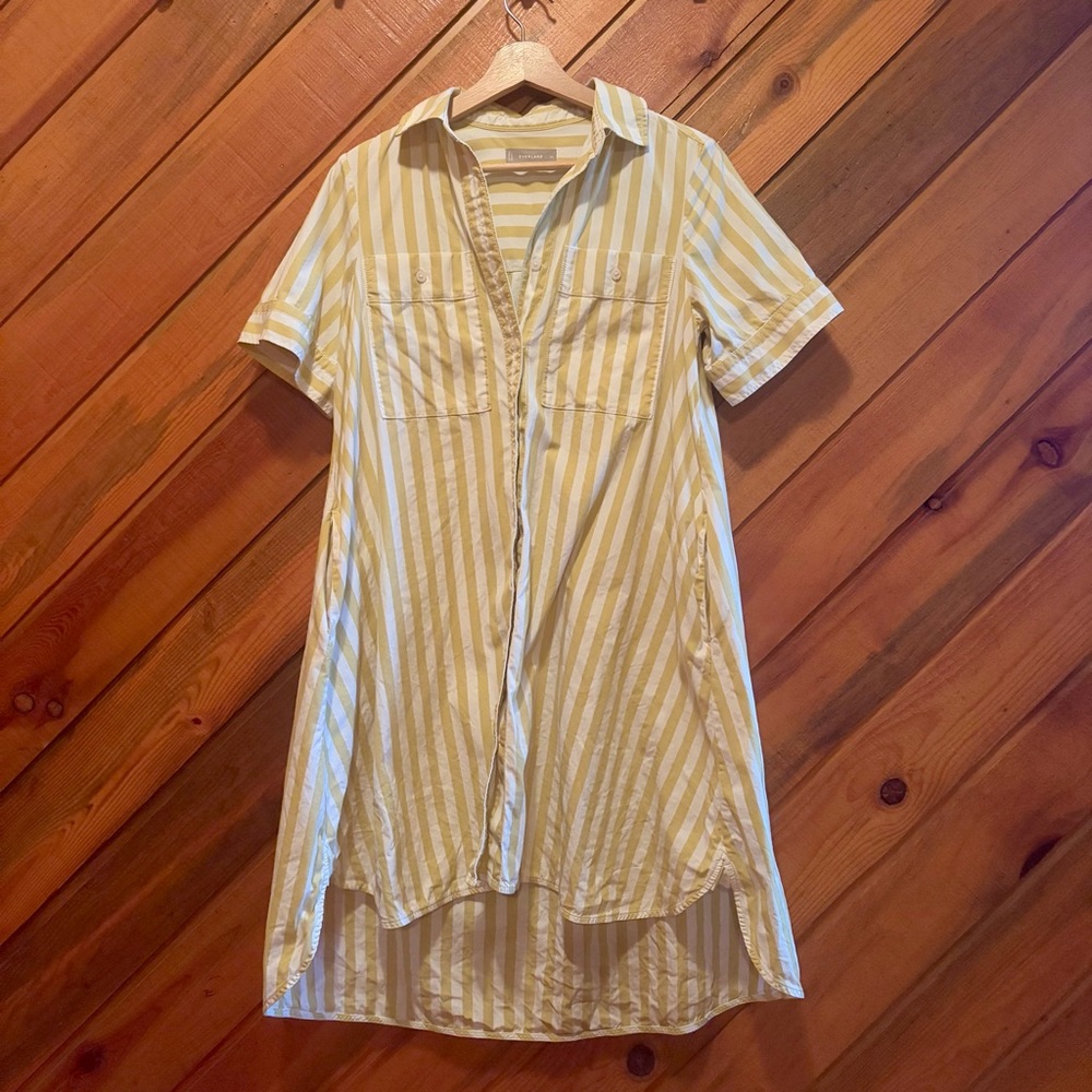 Everlane cotton Yellow and White Striped button down dress with pockets!